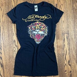 Vintage Y2K Ed Hardy Black Tee with Multicolor Tiger Graphic SZ M